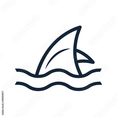 Minimalist shark fin icon over waves Vector, illustration