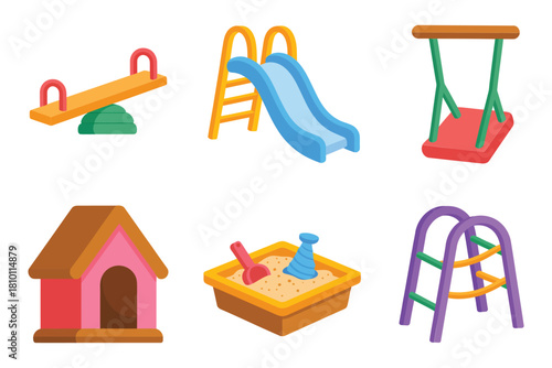 Playground equipment set, slide towers, seesaw, swing frame, dog house, sandbox, colorful kids park elements, vector