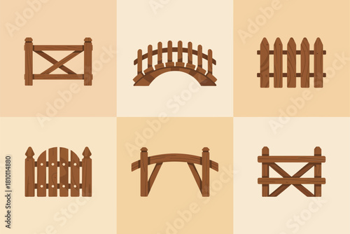 Fences and garden bridges, wooden gates, rustic railings, decorative yard elements grid, outdoor architecture accents, vector design