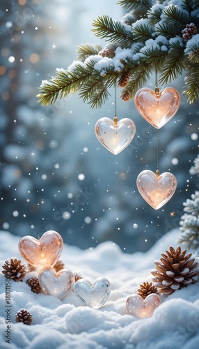 Snowy Christmas heart ornaments hanging from pine branches in soft pastel hues, perfect for a merry Christmas greeting card design