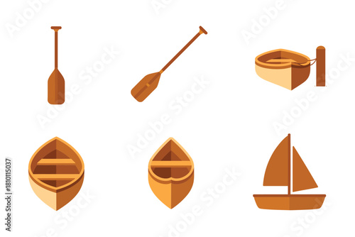 Rowing boat icons, wooden oar paddle, small sailboat, lifebuoy ring, minimalist nautical elements, marine adventure vector