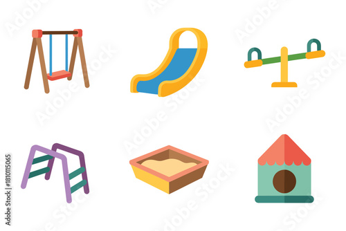 Children playground icons, swing, spiral slide, seesaw board, climbing arch, sandbox, rocket playhouse, recreational park vector