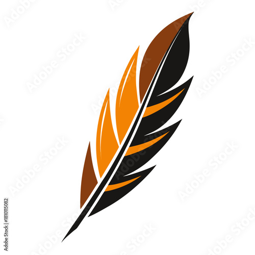 Stylized graphic feather illustration in orange, black, and brown Vector, illustration