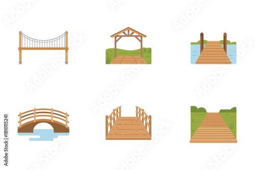 Garden bridges set, light suspension walkway, arched gateway bridge, wooden boardwalk ramp, decorative fence ends, landscape vector