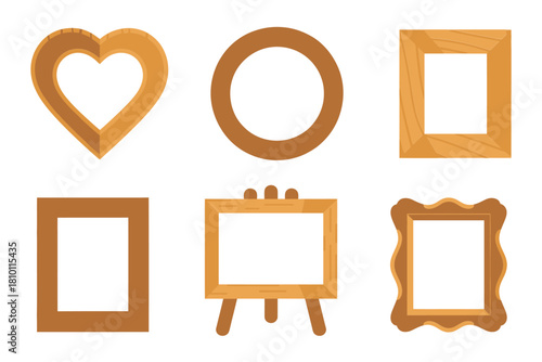 Decorative wooden frames set, heart cutout, round circle, square border, tabletop easel, ornate frame collection vector