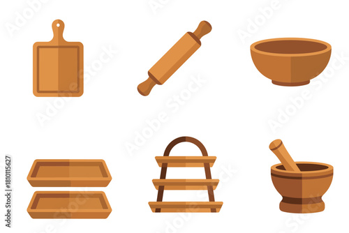 Wooden kitchen utensils set, cutting board paddle, rolling pin, serving bowl, tiered shelf, mortar pestle, farmhouse cookware vector