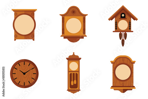 Wooden clock icons set, grandfather tall clock, round wall clock, vintage mantel clock, ornate casing, timekeeping decor vector