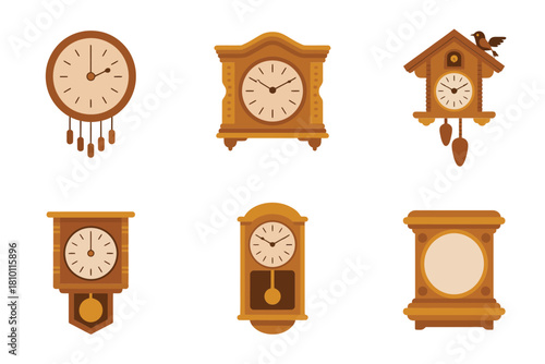 Classic wooden clocks assortment, round face designs, pendulum wall model, cuckoo style, mantel piece, retro home decor vector