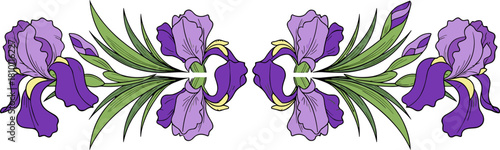 Elegant iris flower arrangement with purple blooms and green leaves on a light beige background