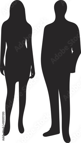 Male and female standing silhouettes, modern human figure outlines, minimal black shape characters for design, clean vector people artwork, flat vector illustration