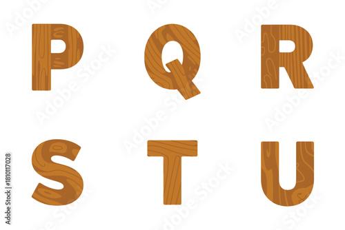Plank style wood letters P Q R S T U, grain pattern alphabet, rustic signage typography, vector design