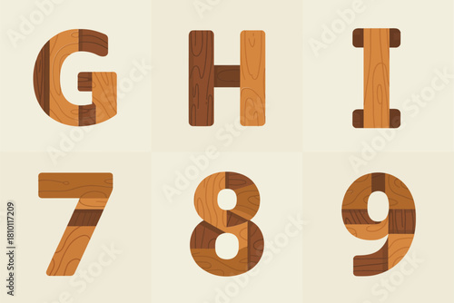 Plank etched wood letters G H I, numbers 7 8 9, engraved surface detail, vintage typography, vector