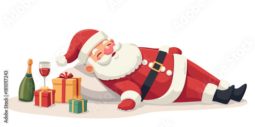 Santa Claus relaxing beside presents and champagne after Christmas  
