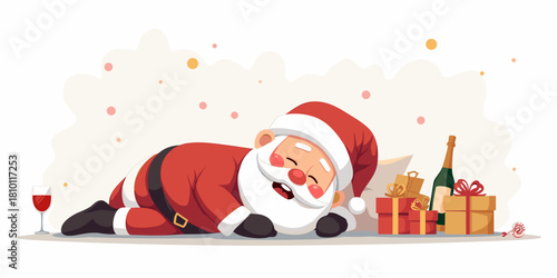 Santa Claus sleeping on the floor with gifts and champagne nearby  