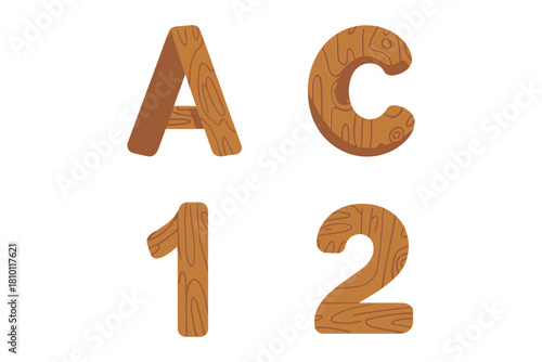 Wooden letters A and C, carved numbers one and two, rustic alphabet digits set, decorative craft vector illustration