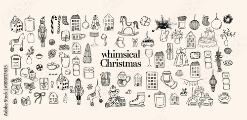 Whimsical trendy doodle elements set of cozy Christmas . Hand drawn coquette vector illustration set