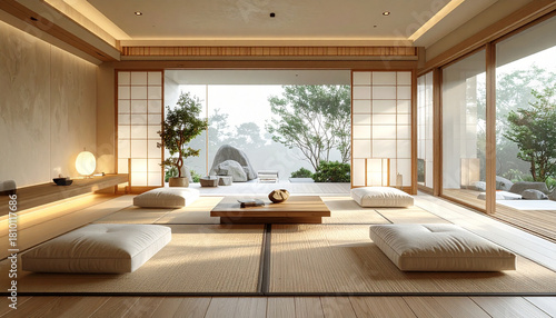 Zen-inspired minimalist living room with neutral tones, tatami elements, natural wood, soft ambient light, clean symmetry, peaceful modern interior
