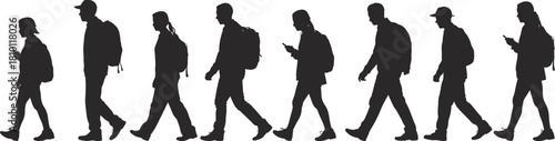 Walking people silhouettes, diverse young adults walking with backpacks, urban pedestrian movement, modern lifestyle poses, black silhouette group, flat vector illustration
