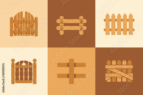Fence and gate icons, arched bridge, split rail, picket sections, rustic yard elements, landscaping design components, vector