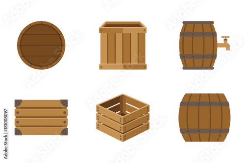 Wood barrels crates set, rustic storage containers, coopered casks, slatted boxes, farmhouse packaging, vintage timber collection