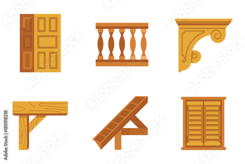Classic carpentry components collection, raised panel door, turned spindles, decorative corbel, stair stringer, louver shutter, window mantel