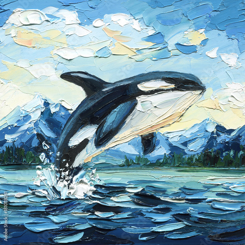 Orca jumping over blue ocean water with mountain landscape in vibrant impasto acrylic painting for nature wall art