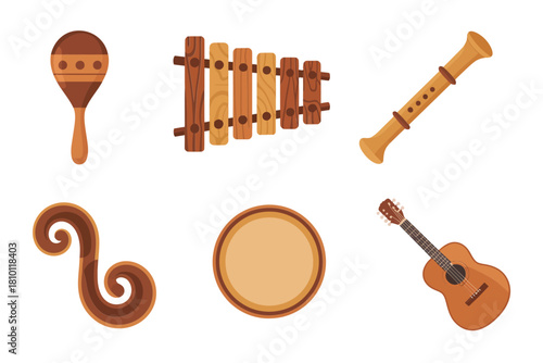 Folk percussion strings collection, maraca shaker, xylophone keys, wooden recorder, spiral ornament, frame drum, ukulele guitar