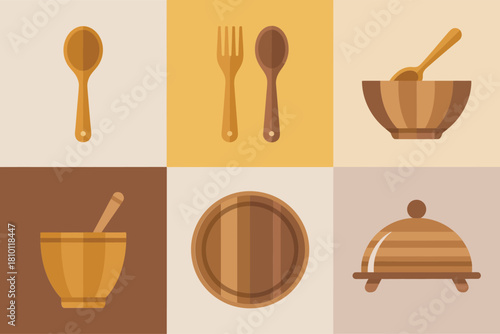 Wooden kitchenware tiles set, mortar and pestle, salad bowl, spoon fork, round board, serving cloche, rustic vector