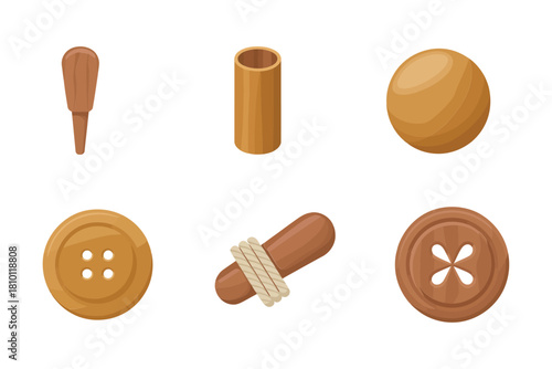 Turned wooden components set, small dowel pin, hollow cylinder, smooth sphere, threaded cork, stitched buttons, handmade vector