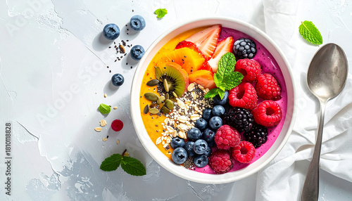 Colorful smoothie bowl with berries and seeds, top-down flatlay, clean bright background
