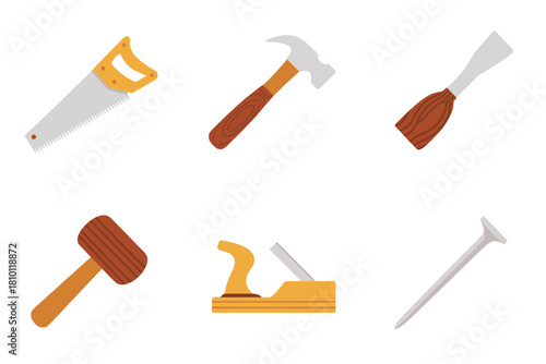 Woodworking tools set, hand saw, claw hammer, chisel, mallet, smoothing plane, splitting axe, carpentry equipment vector
