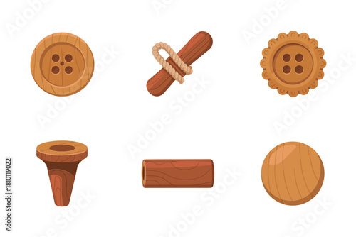 Wooden button and notions pack, stitched gear button, pacifier style plug, cork stopper, oval coaster, craft vector