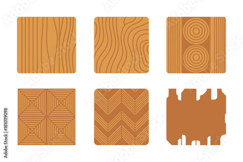 Natural wood panel textures, straight grain, concentric rings, chevron patterns, grooved tiles, carpenter samples, interior design vector