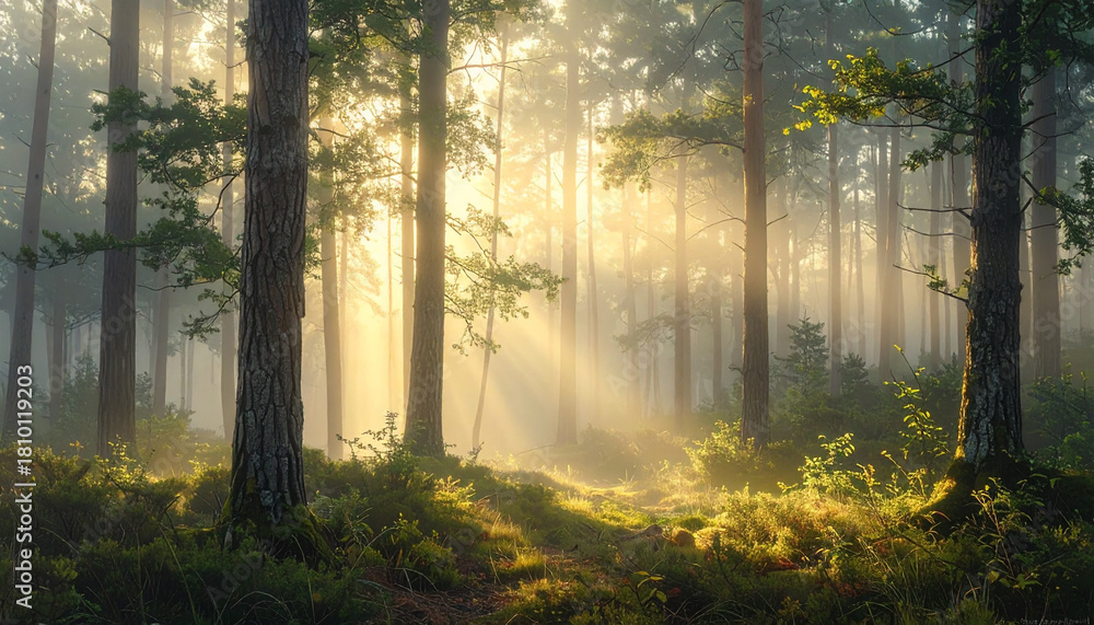 Obraz premium Misty forest with soft morning light filtering through trees, calm atmospheric mood