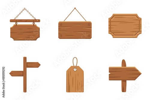 Hanging plaque set, framed wooden sign, cross post wayfinder, tag labels, engraved border boards, storefront signage vector