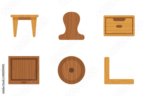 Craft furniture pieces, tapered table, sculpted chair back, small drawer box, square panel, round disc, corner brace