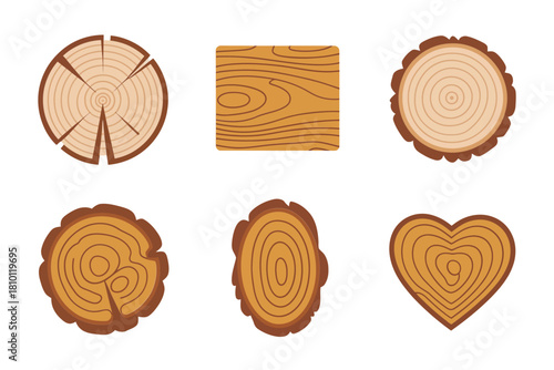 Engraved wood slice badges, cracked round cross section, scalloped edge coin, heart emblem, rustic woodgrain label vector