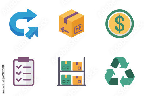 Warehouse operations icons, reverse logistics arrow, cardboard parcel, money sign, checklist sheet, shelving racks, recycling arrows, vector