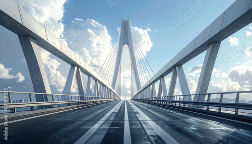 Dramatic perspective view of modern urban bridge, strong lines, cloudy sky, high-detail architecture photo