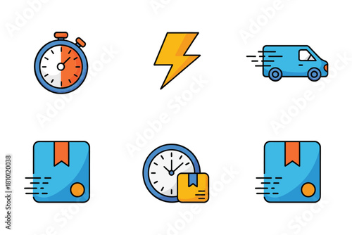 Express delivery icons, stopwatch timing, lightning bolt, fast courier van, parcel with clock, quick shipping badge, vector