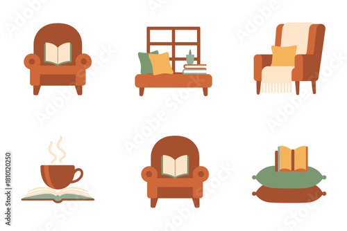 Cozy reading lounge icons, armchair and sofa, wall shelf with books, steaming coffee, open book, vector collection