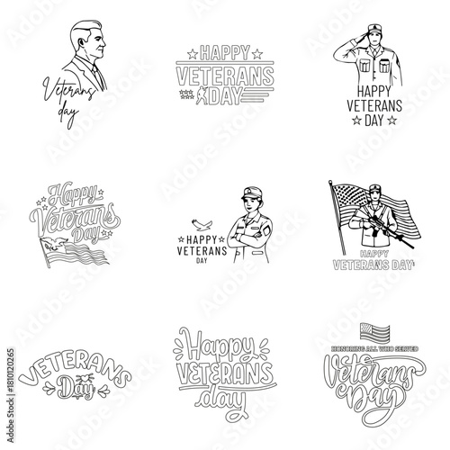 set of veterans day line art vector design, vintage, vector, drawing, set, illustration, sketch, farm, retro, collection, hand drawn, art, horse, food, icon, village, animal, old, tree, black