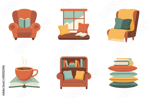 Living room reading elements, armchair pair, couch with throw, teacup, standing bookshelf, stacked novels, soft pastel vector