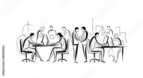 Illustration of people working in an office environment on a white background for business concepts