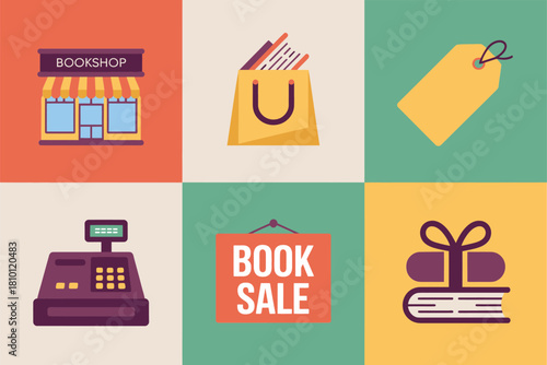 Books retail tiles collection, storefront badge, gift box, tag label, vintage register, sale board, stacked books icon