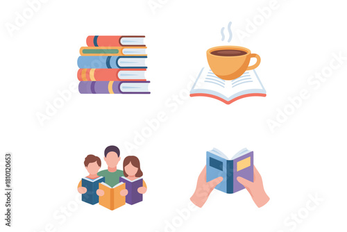 Stack of books, steaming coffee with open book, people reading together, studying hands, cozy literacy, education vector icons