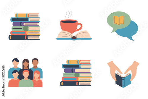 Book discussion icons, stacked books, coffee cup, speech bubble, group readers, open book hands, education learning vector set