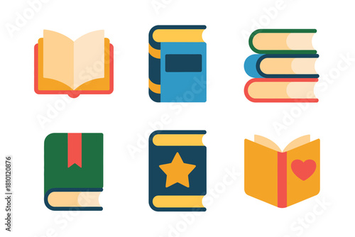 Reading and literature icons, open book, vertical hardcovers, ribbon bookmark, star label, heart cover, study vector