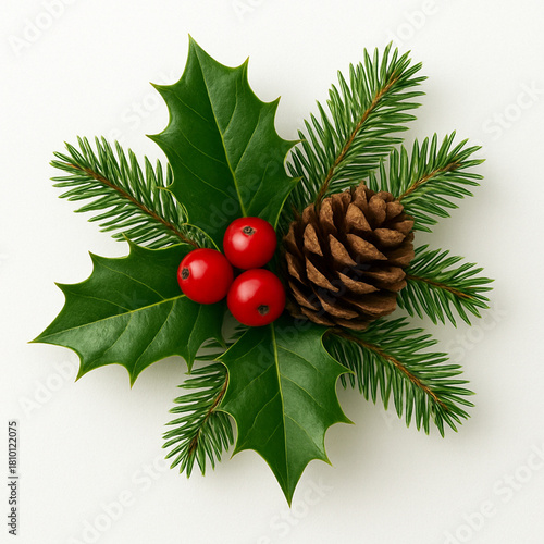 pinha : christmas tree decoration with holly berry, cone, pine isolated on white