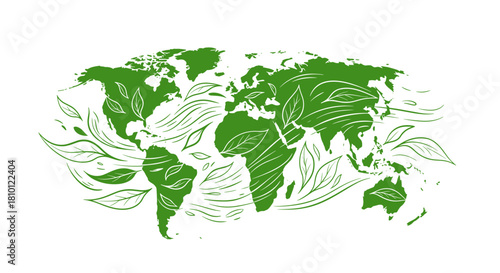 Green world map illustration adorned with leaves for environmental awareness